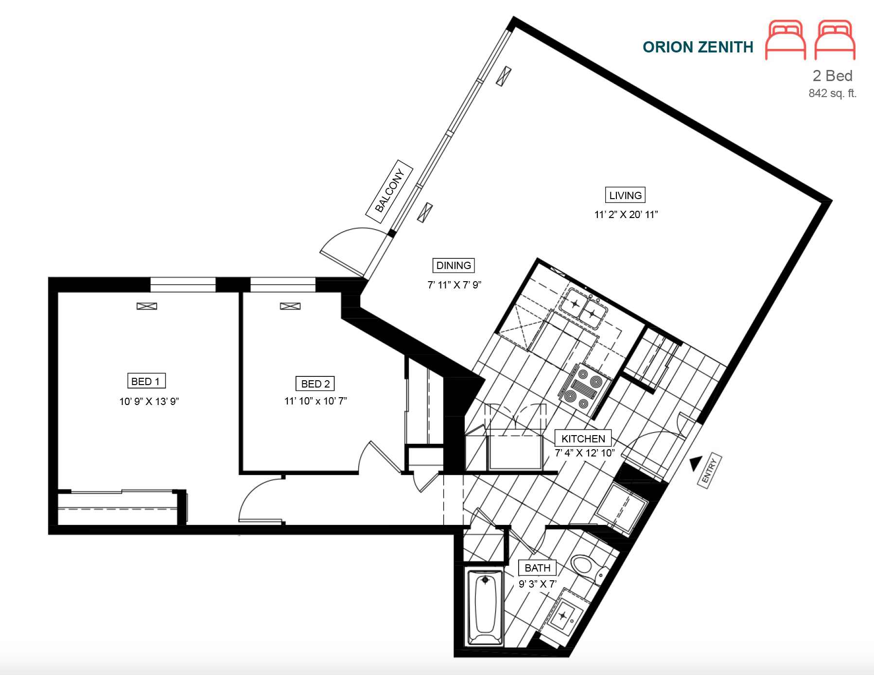 Floor plan for 2 beds, 1 bath, 842 sqft